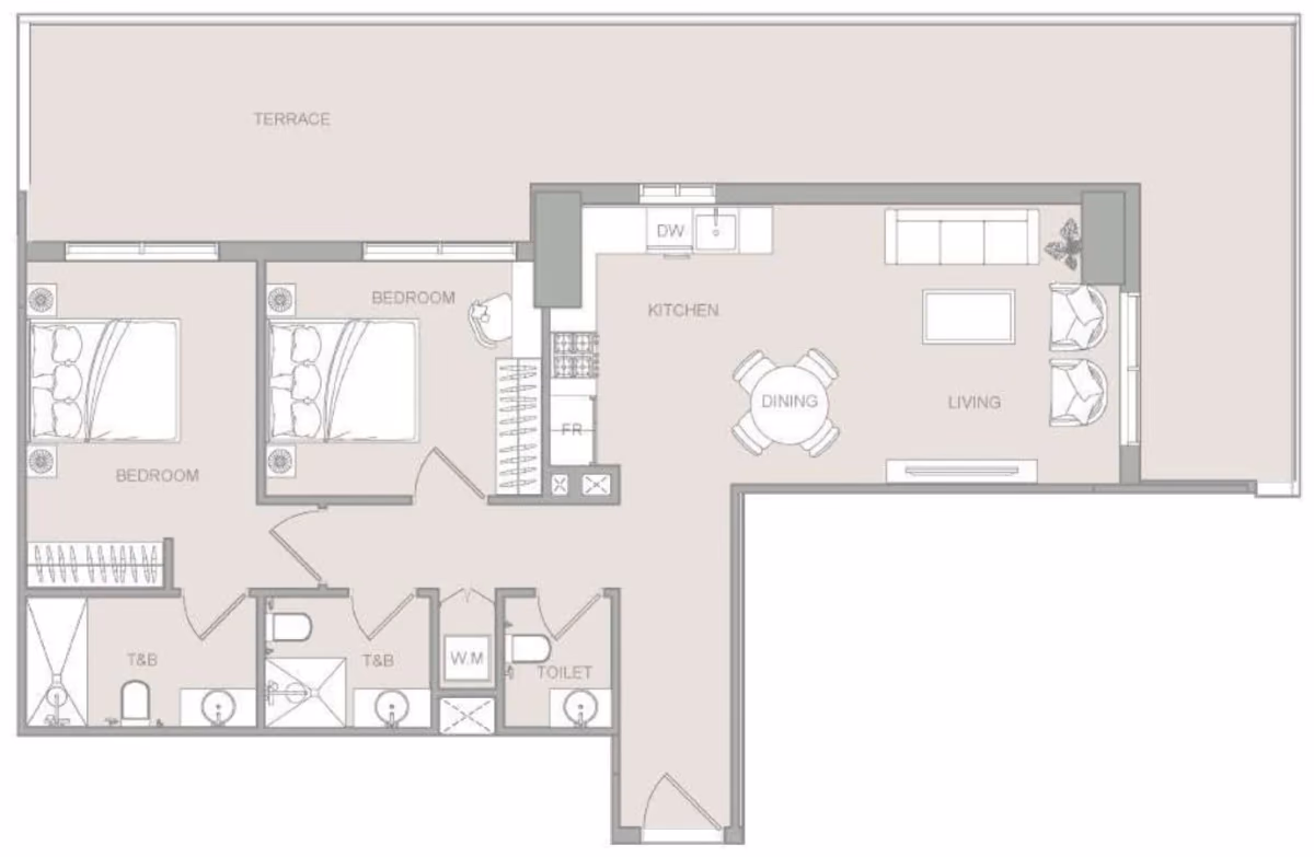 תוכנית 2 חדרי שינה · 2 BR Type 1 ב־נדל"ן להשקעה ELAR1S Sky, באזור JVT, דובאי
