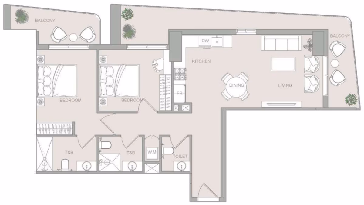 תוכנית 2 חדרי שינה · 2 BR Type 2 ב־נדל"ן להשקעה ELAR1S Sky, באזור JVT, דובאי