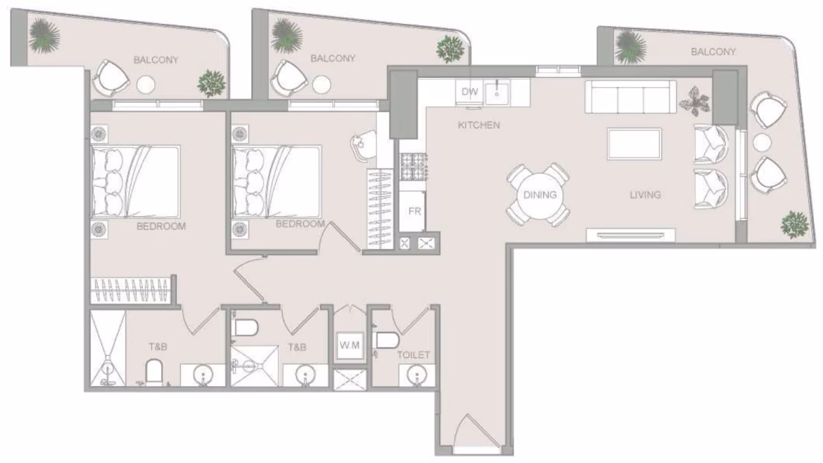 תוכנית 2 חדרי שינה · 2 BR Type 3 ב־נדל"ן להשקעה ELAR1S Sky, באזור JVT, דובאי