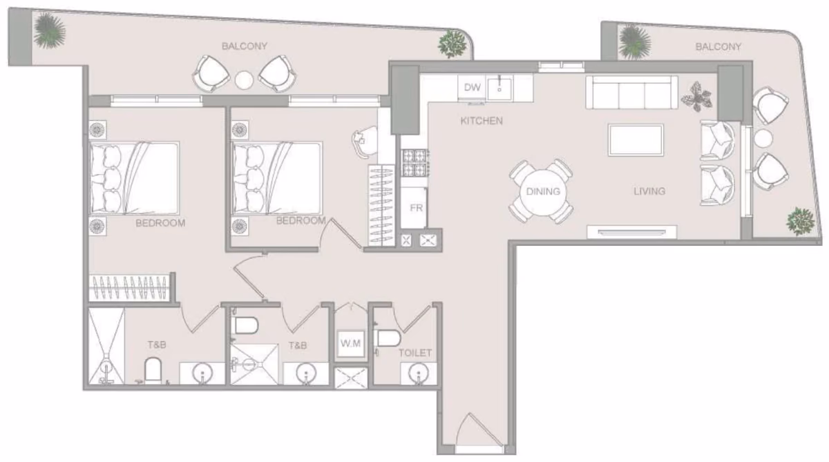 תוכנית 2 חדרי שינה · 2 BR Type 4 ב־נדל"ן להשקעה ELAR1S Sky, באזור JVT, דובאי