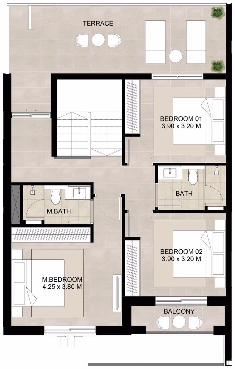 תוכנית 3 חדרי שינה · דופלקס · Duplex Type A ב־נדל"ן להשקעה Augusta by Nshama, באזור Town Square, דובאי (קומה ראשונה)