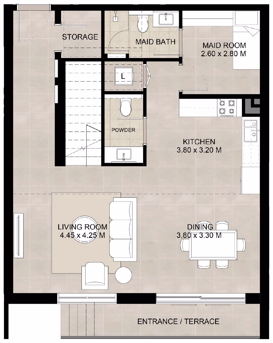 תוכנית 3 חדרי שינה · דופלקס · Duplex Type A ב־נדל"ן להשקעה Augusta by Nshama, באזור Town Square, דובאי (קומת קרקע)