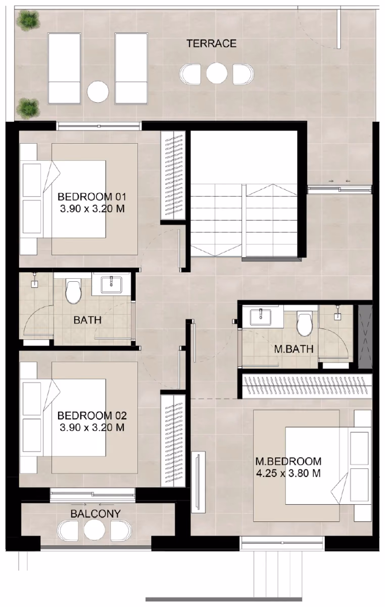 תוכנית 3 חדרי שינה · דופלקס · Duplex Type B ב־נדל"ן להשקעה Augusta by Nshama, באזור Town Square, דובאי (קומה ראשונה)
