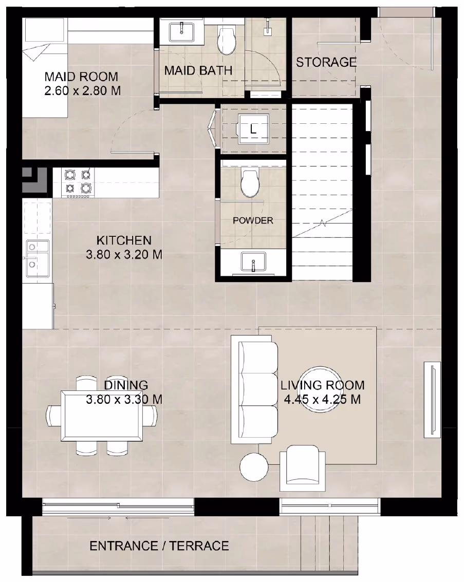 תוכנית 3 חדרי שינה · דופלקס · Duplex Type B ב־נדל"ן להשקעה Augusta by Nshama, באזור Town Square, דובאי (קומת קרקע)