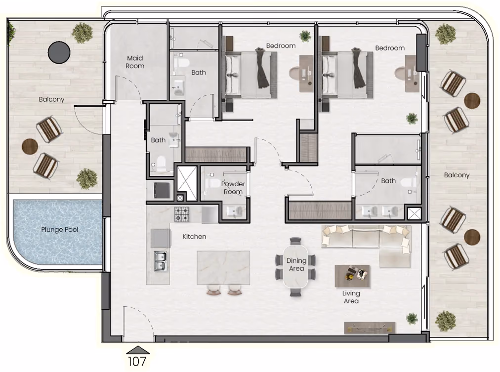 תוכנית 2 חדרי שינה · Maids + Pool, Apts 107/112 ב־נדל"ן להשקעה Saddlewood Park, באזור Meydan, דובאי
