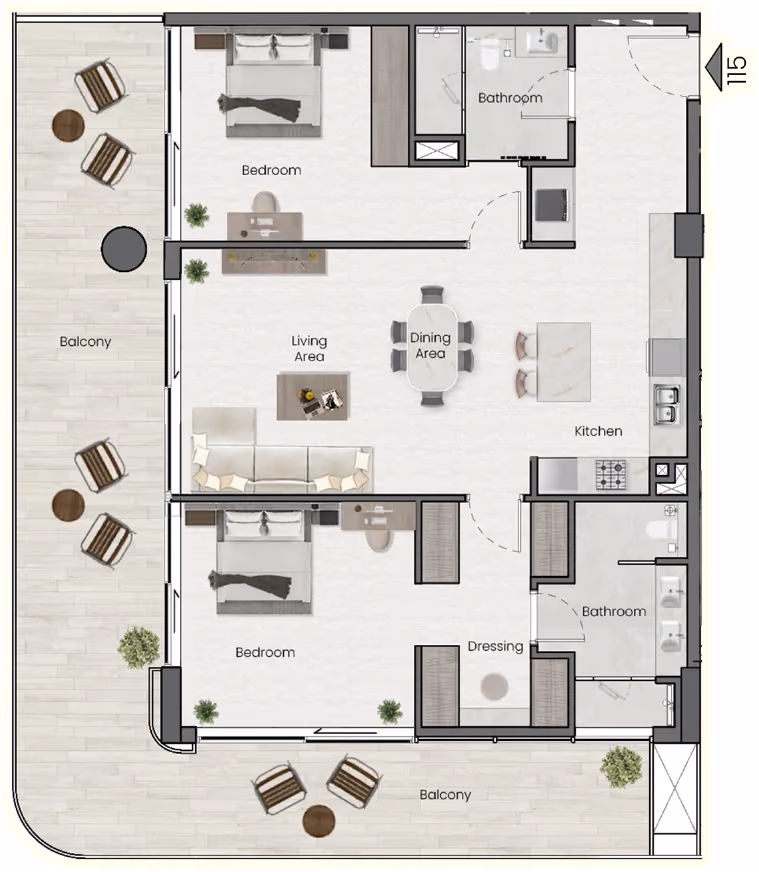 תוכנית 2 חדרי שינה · Apts 115/215/315 ב־נדל"ן להשקעה Saddlewood Park, באזור Meydan, דובאי