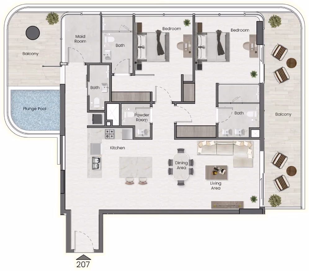 תוכנית 2 חדרי שינה · Maids + Pool, Apts 207/307 ב־נדל"ן להשקעה Saddlewood Park, באזור Meydan, דובאי