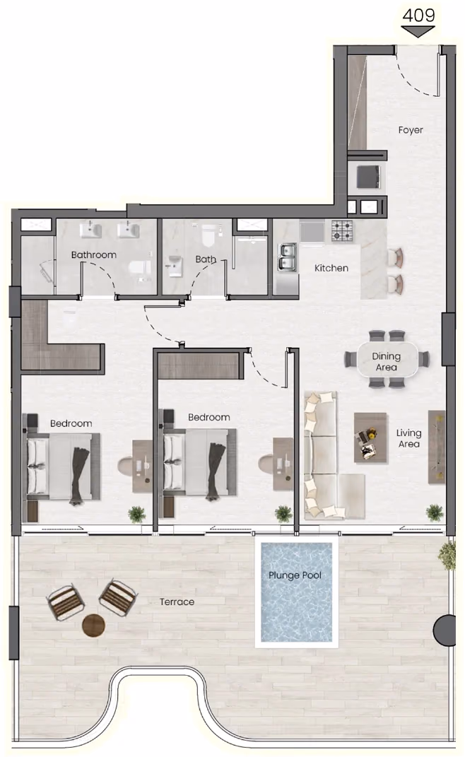 תוכנית 2 חדרי שינה · Apt 409 ב־נדל"ן להשקעה Saddlewood Park, באזור Meydan, דובאי