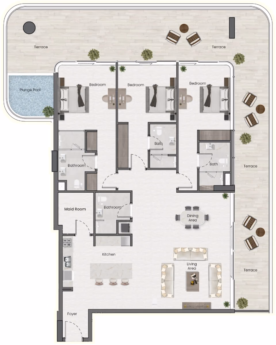 תוכנית 3 חדרי שינה · פנטהאוז · Penthouse Apt 404 ב־נדל"ן להשקעה Saddlewood Park, באזור Meydan, דובאי