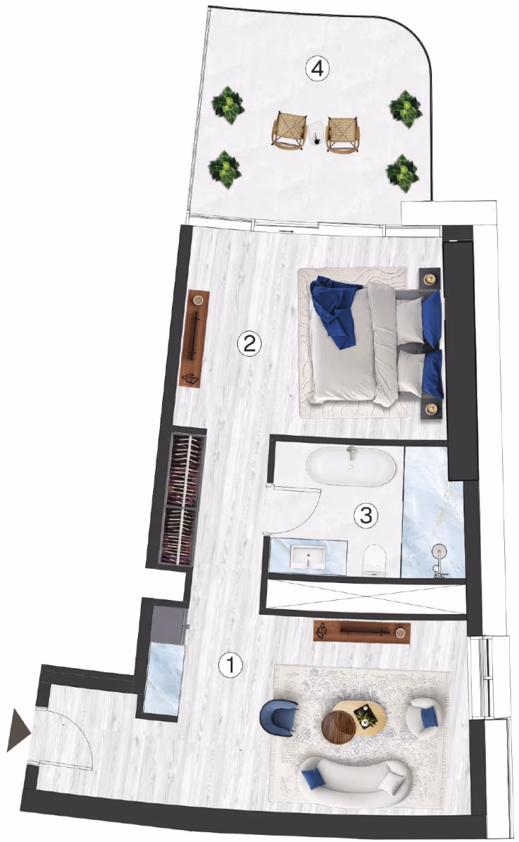 תוכנית חדר מלון · Hotel - Studio + Living - Type 1 ב־נדל"ן להשקעה Radisson Blu by RAK, באזור RAK Central, Ras Al Khaimah