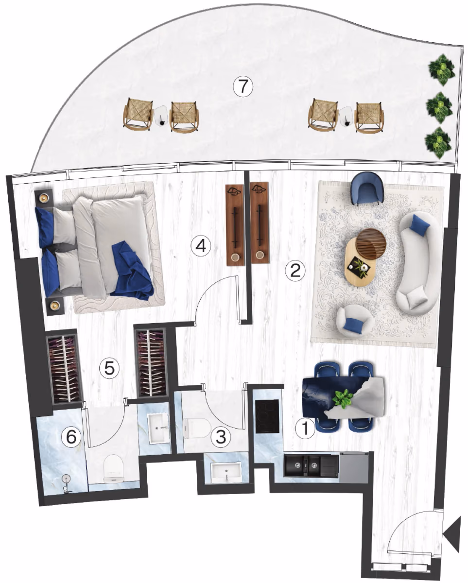תוכנית חדר שינה אחד · Residences - 1 BHK - Type 1 ב־נדל"ן להשקעה Radisson Blu by RAK, באזור RAK Central, Ras Al Khaimah