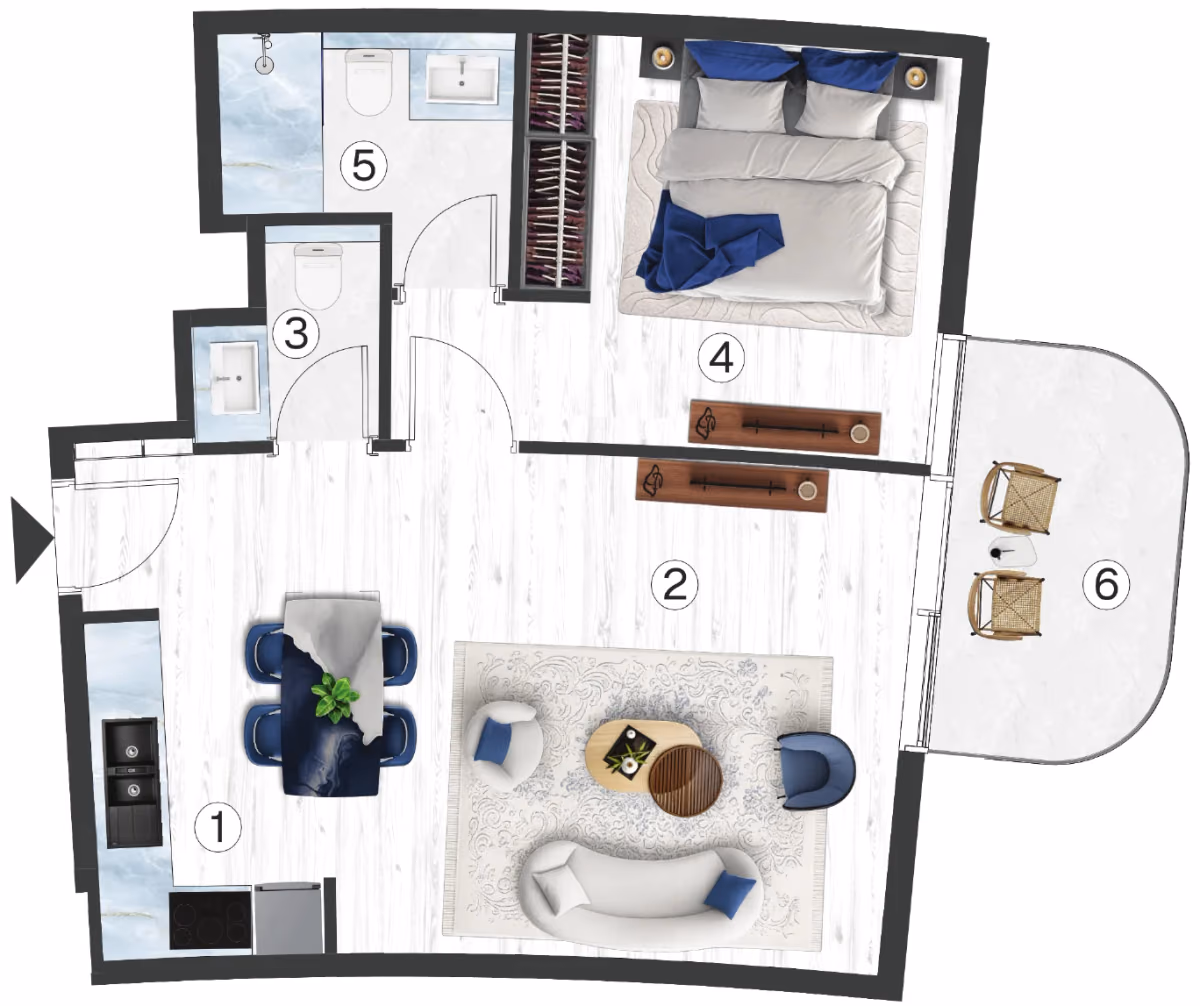 תוכנית חדר שינה אחד · Residences - 1 BHK - Type 4 ב־נדל"ן להשקעה Radisson Blu by RAK, באזור RAK Central, Ras Al Khaimah