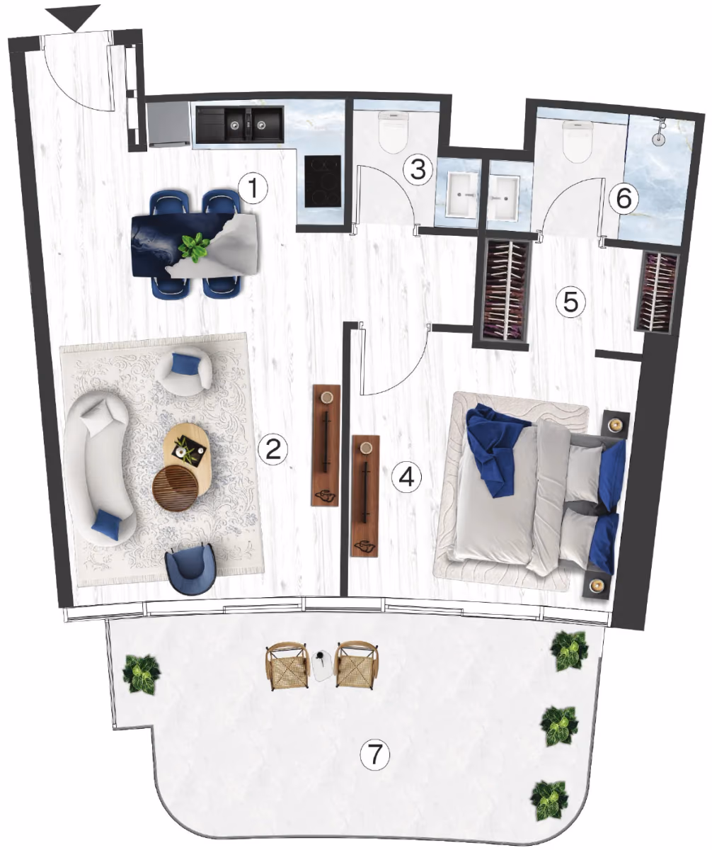 תוכנית חדר שינה אחד · Residences - 1 BHK - Type 5 ב־נדל"ן להשקעה Radisson Blu by RAK, באזור RAK Central, Ras Al Khaimah