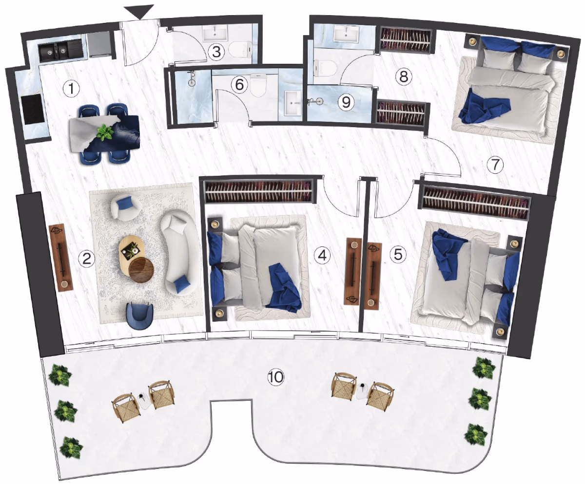 תוכנית 3 חדרי שינה · Residences - 3 BHK - Type 1 ב־נדל"ן להשקעה Radisson Blu by RAK, באזור RAK Central, Ras Al Khaimah