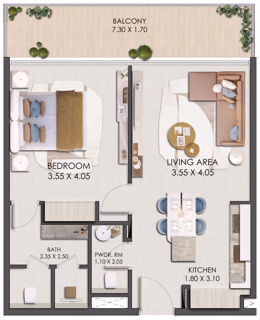 תוכנית חדר שינה אחד · One Bedroom Type 1 ב־נדל"ן להשקעה: Prescott Legado, באזור JVC, דובאי