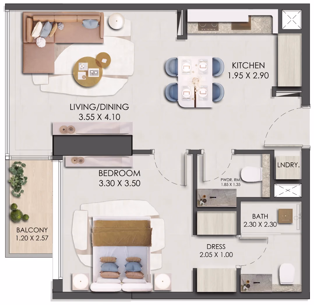 תוכנית חדר שינה אחד · One Bedroom Type 2 ב־נדל"ן להשקעה: Prescott Legado, באזור JVC, דובאי