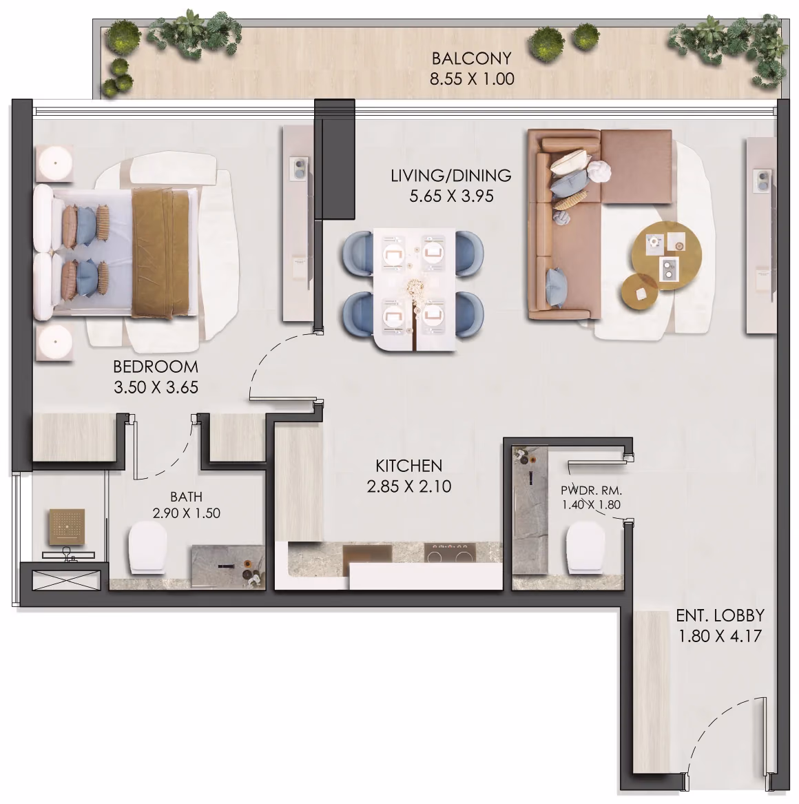 תוכנית חדר שינה אחד · One Bedroom Type 3 ב־נדל"ן להשקעה: Prescott Legado, באזור JVC, דובאי