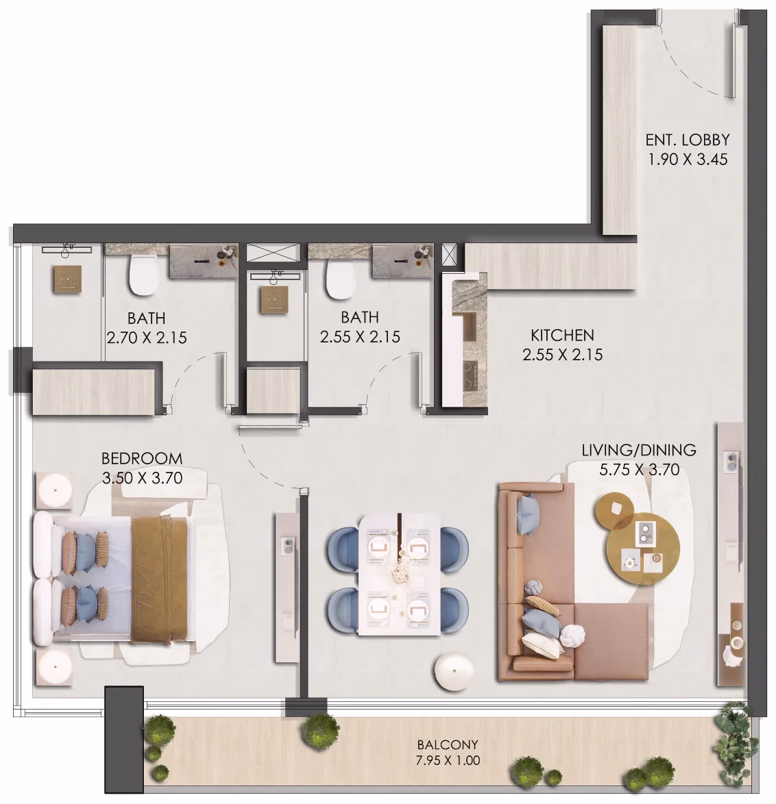 תוכנית חדר שינה אחד · One Bedroom Type 4 ב־נדל"ן להשקעה: Prescott Legado, באזור JVC, דובאי