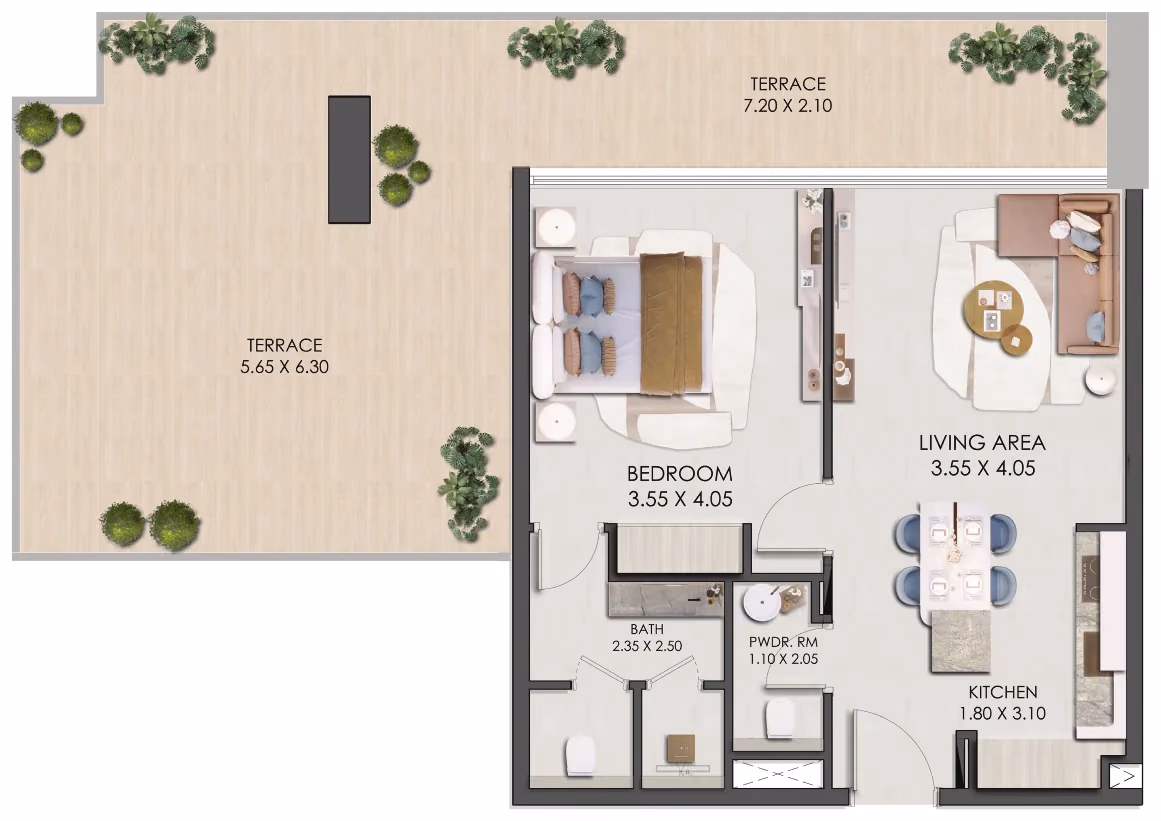 תוכנית חדר שינה אחד · One Bedroom Type 5 ב־נדל"ן להשקעה: Prescott Legado, באזור JVC, דובאי