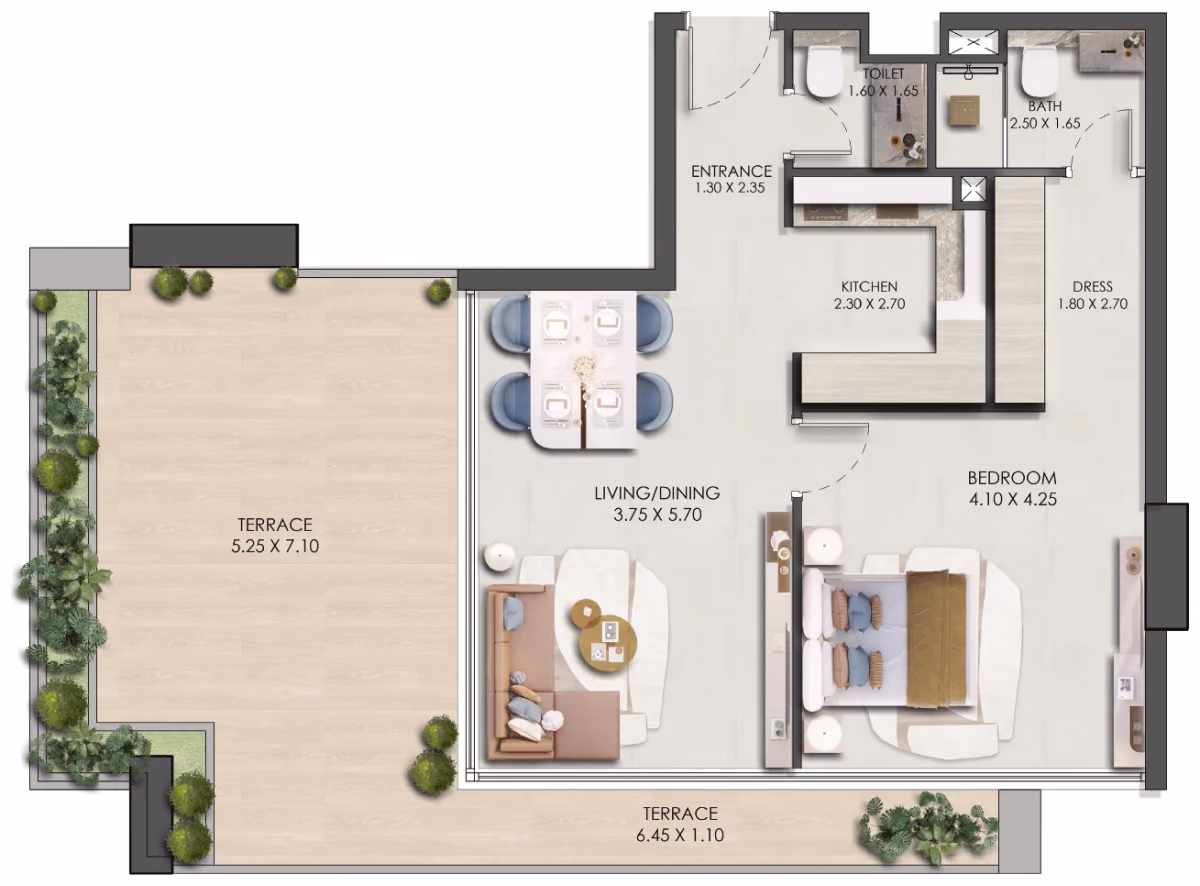 תוכנית חדר שינה אחד · One Bedroom Type 6 ב־נדל"ן להשקעה: Prescott Legado, באזור JVC, דובאי