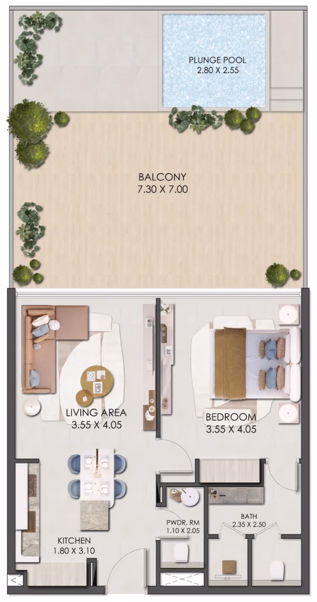 תוכנית חדר שינה אחד · One Bedroom Type 7 ב־נדל"ן להשקעה: Prescott Legado, באזור JVC, דובאי