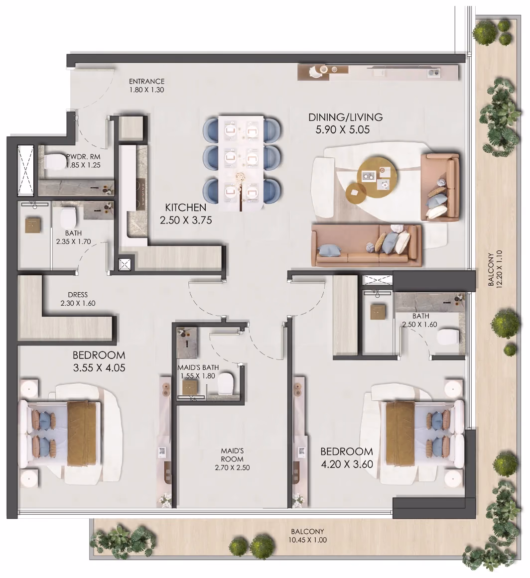 תוכנית 2 חדרי שינה · Two Bedroom Type 1 ב־נדל"ן להשקעה: Prescott Legado, באזור JVC, דובאי