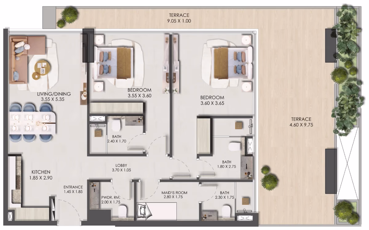 תוכנית 2 חדרי שינה · Two Bedroom Type 2 ב־נדל"ן להשקעה: Prescott Legado, באזור JVC, דובאי