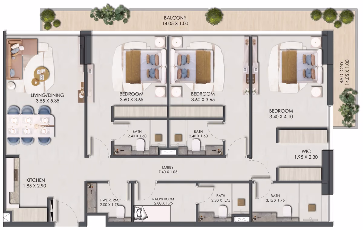 תוכנית 3 חדרי שינה · Three Bedroom Type 1 ב־נדל"ן להשקעה: Prescott Legado, באזור JVC, דובאי