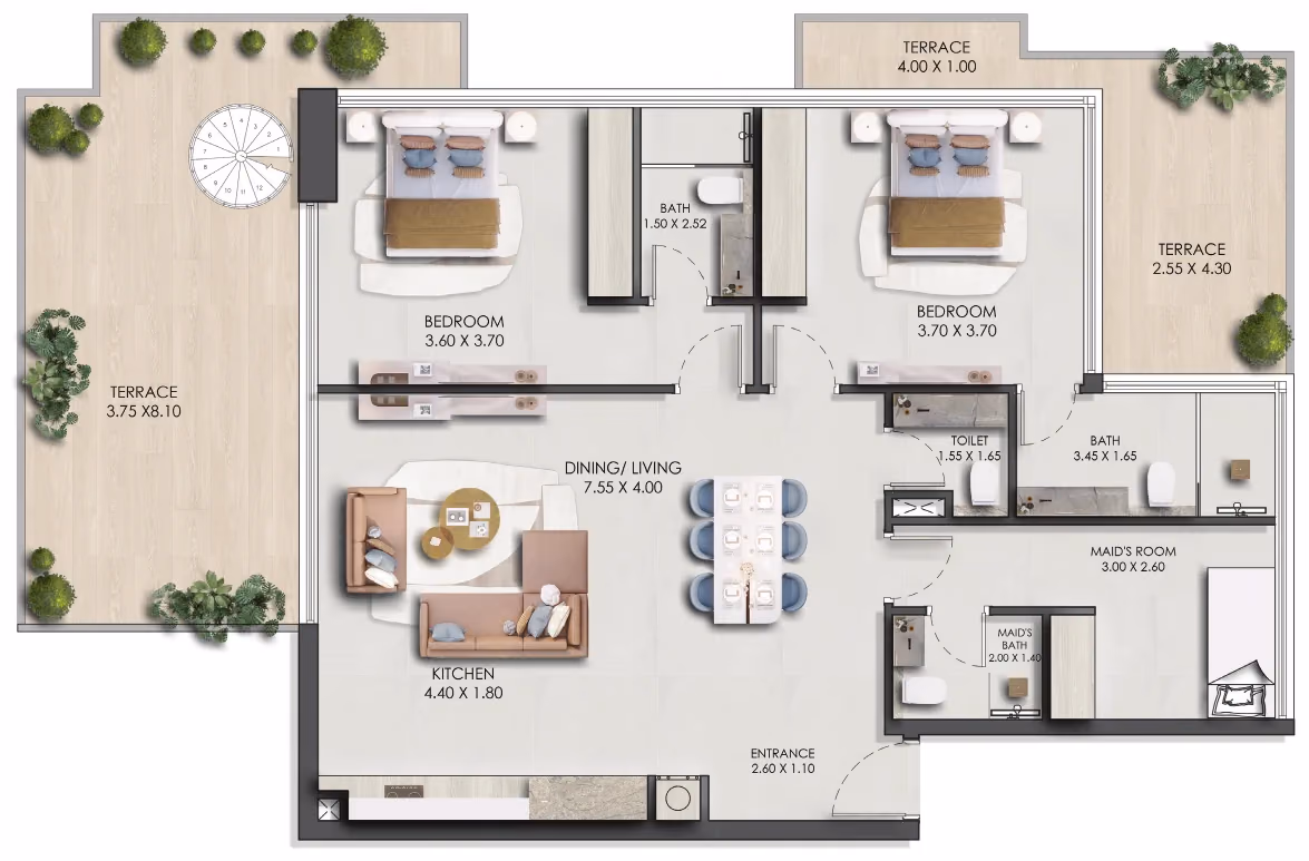 תוכנית 2 חדרי שינה · פנטהאוז · Sky Villa One ב־נדל"ן להשקעה: Prescott Legado, באזור JVC, דובאי (קומה תחתונה)