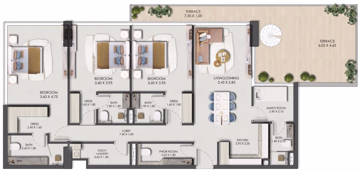 תוכנית 3 חדרי שינה · פנטהאוז · Sky Villa Three ב־נדל"ן להשקעה: Prescott Legado, באזור JVC, דובאי (קומה תחתונה)