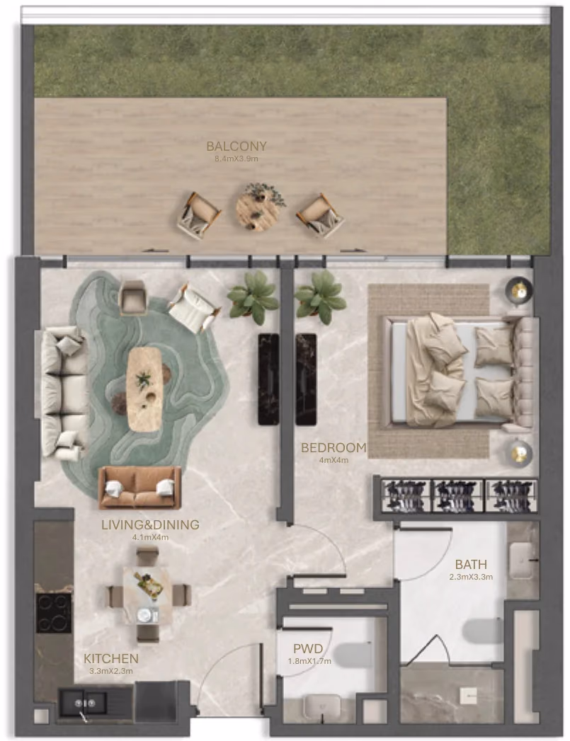 תוכנית חדר שינה אחד · 1 Bedroom Type - A ב־נדל"ן להשקעה La Perla, באזור Al Marjan Island, ראס אל ח'יימה