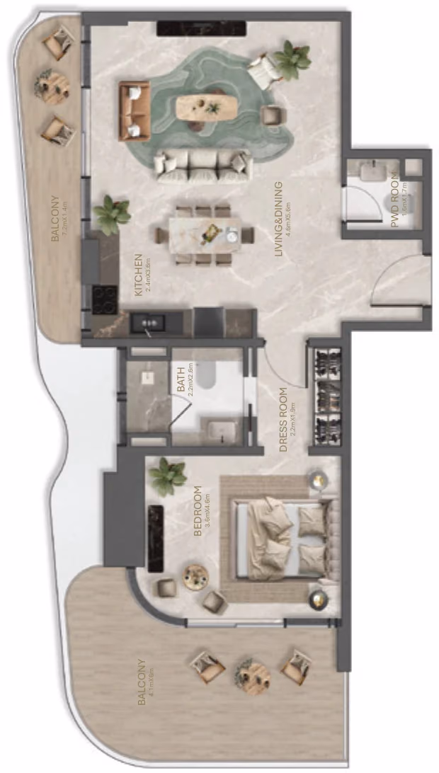 תוכנית חדר שינה אחד · 1 Bedroom Type - B ב־נדל"ן להשקעה La Perla, באזור Al Marjan Island, ראס אל ח'יימה