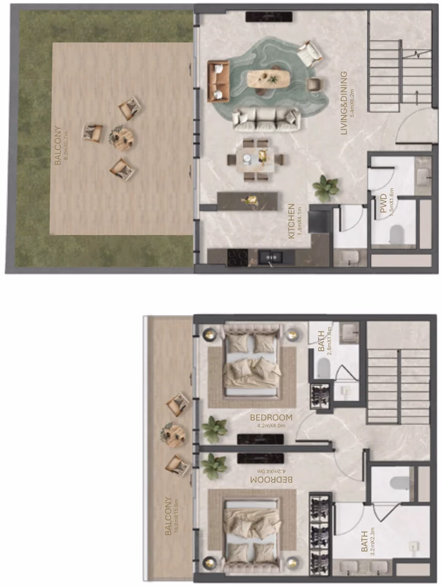 תוכנית 2 חדרי שינה · דופלקס · 2 Bedroom Type - 1A ב־נדל"ן להשקעה La Perla, באזור Al Marjan Island, ראס אל ח'יימה