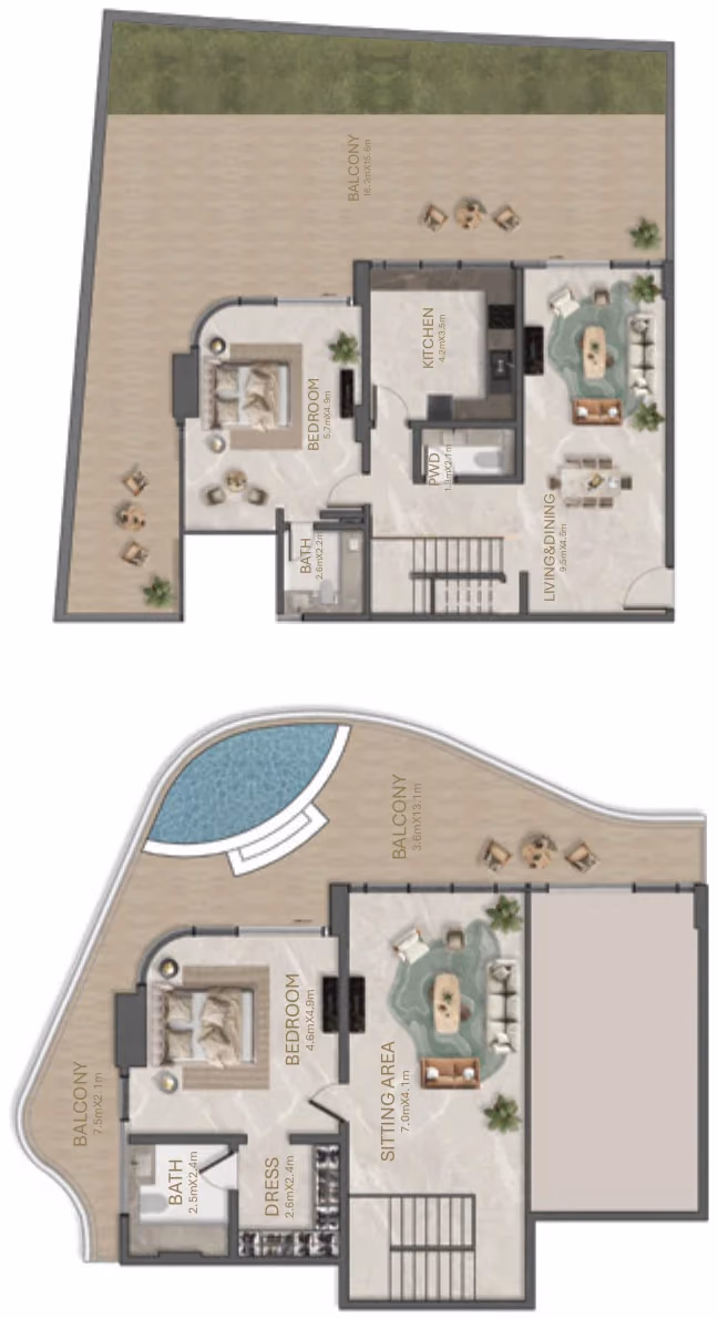תוכנית 2 חדרי שינה · דופלקס · 2 Bedroom Type - 2A ב־נדל"ן להשקעה La Perla, באזור Al Marjan Island, ראס אל ח'יימה