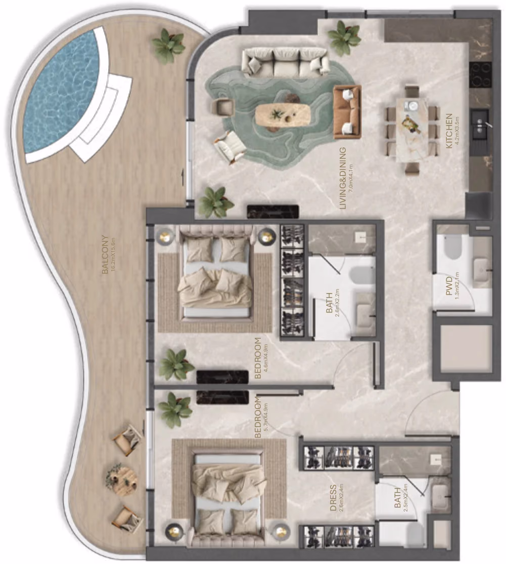 תוכנית 2 חדרי שינה · 2 Bedroom Type - B ב־נדל"ן להשקעה La Perla, באזור Al Marjan Island, ראס אל ח'יימה