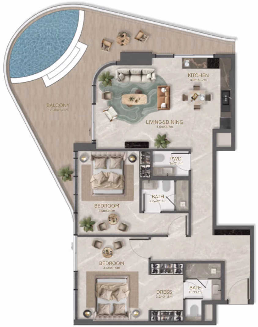 תוכנית 2 חדרי שינה · 2 Bedroom Type - C ב־נדל"ן להשקעה La Perla, באזור Al Marjan Island, ראס אל ח'יימה