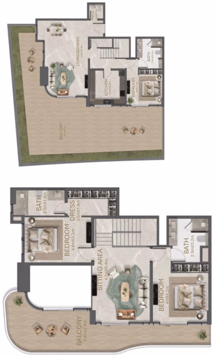 תוכנית 3 חדרי שינה · דופלקס · 3 Bedroom Type - 1A ב־נדל"ן להשקעה La Perla, באזור Al Marjan Island, ראס אל ח'יימה
