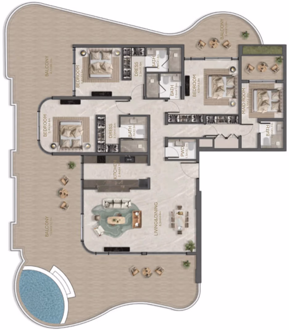 תוכנית 3 חדרי שינה · 3 Bedroom Type - A ב־נדל"ן להשקעה La Perla, באזור Al Marjan Island, ראס אל ח'יימה