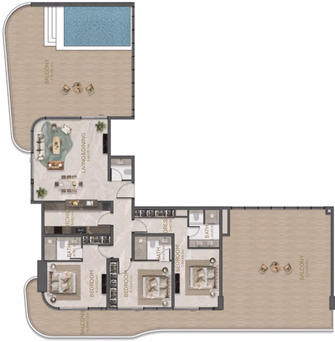 תוכנית 3 חדרי שינה · 3 Bedroom Type - B ב־נדל"ן להשקעה La Perla, באזור Al Marjan Island, ראס אל ח'יימה