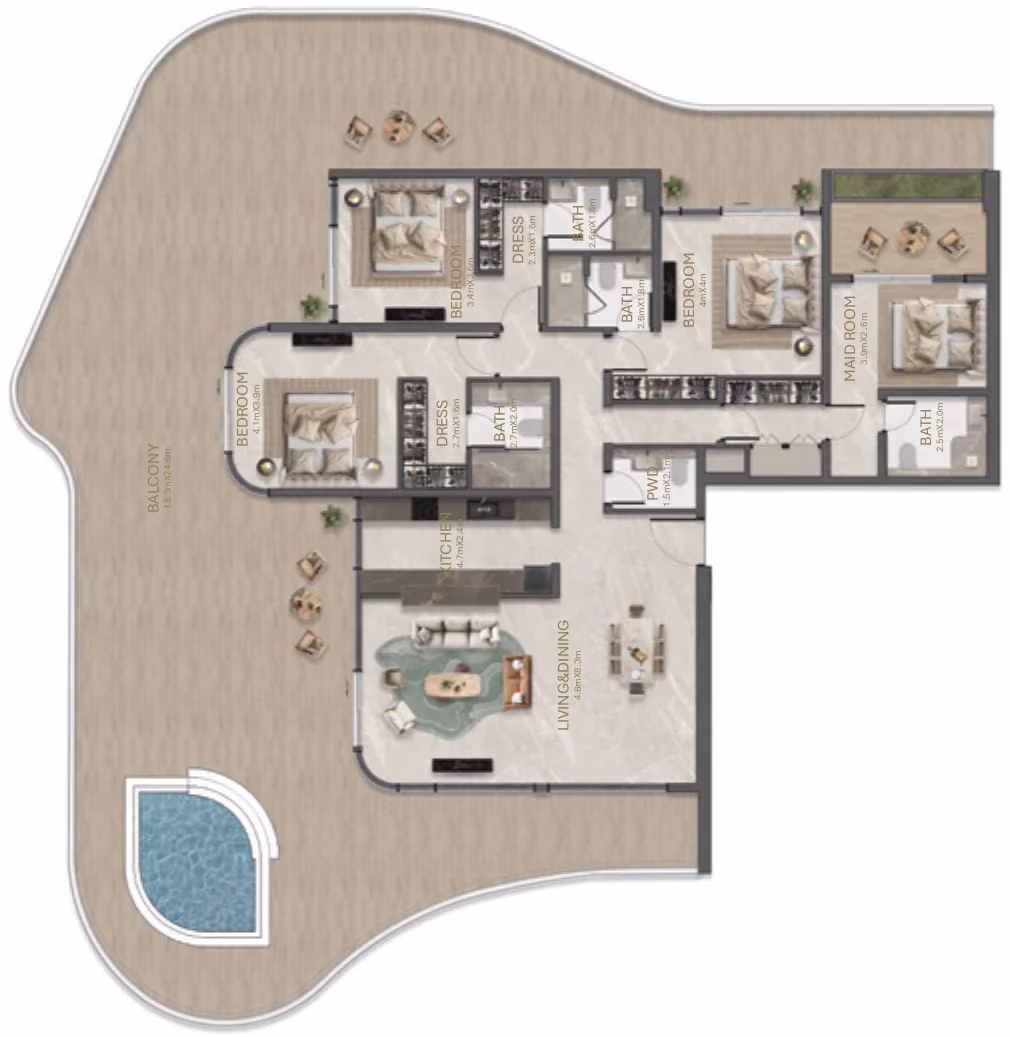 תוכנית 3 חדרי שינה · 3 Bedroom Type - C ב־נדל"ן להשקעה La Perla, באזור Al Marjan Island, ראס אל ח'יימה