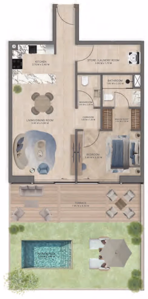 תוכנית חדר שינה אחד · Type A ב־נדל"ן להשקעה Meriden Beach Residences, באזור Dubai Islands, דובאי