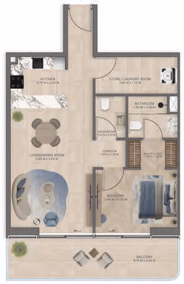 תוכנית חדר שינה אחד · Type A2 ב־נדל"ן להשקעה Meriden Beach Residences, באזור Dubai Islands, דובאי