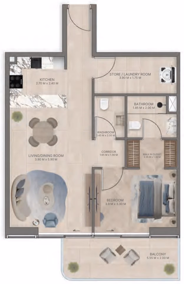 תוכנית חדר שינה אחד · Type A3 ב־נדל"ן להשקעה Meriden Beach Residences, באזור Dubai Islands, דובאי