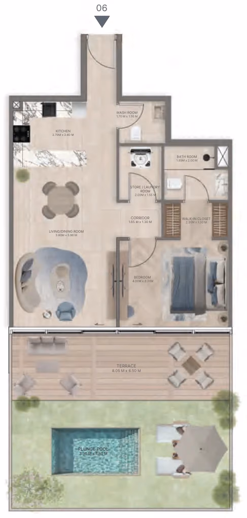 תוכנית חדר שינה אחד · Type B1 ב־נדל"ן להשקעה Meriden Beach Residences, באזור Dubai Islands, דובאי