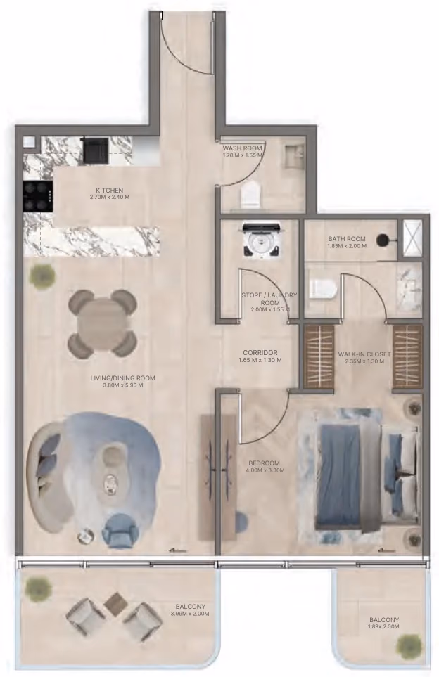 תוכנית חדר שינה אחד · Type B2 ב־נדל"ן להשקעה Meriden Beach Residences, באזור Dubai Islands, דובאי