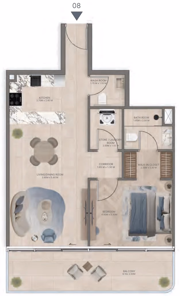 תוכנית חדר שינה אחד · Type B3 ב־נדל"ן להשקעה Meriden Beach Residences, באזור Dubai Islands, דובאי