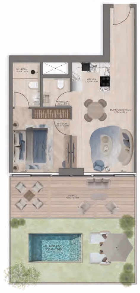תוכנית חדר שינה אחד · Type C1 ב־נדל"ן להשקעה Meriden Beach Residences, באזור Dubai Islands, דובאי