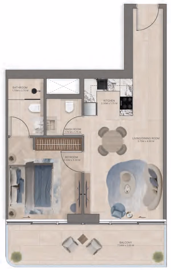 תוכנית חדר שינה אחד · Type C2 ב־נדל"ן להשקעה Meriden Beach Residences, באזור Dubai Islands, דובאי