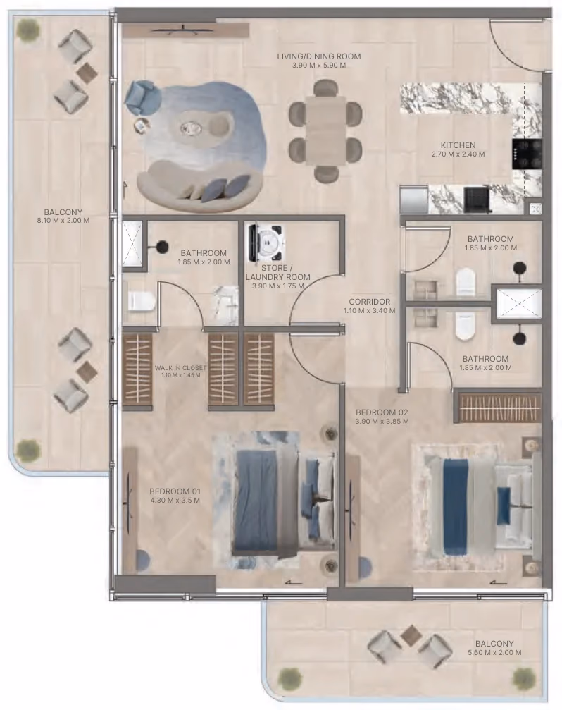 תוכנית 2 חדרי שינה · Type A1 ב־נדל"ן להשקעה Meriden Beach Residences, באזור Dubai Islands, דובאי