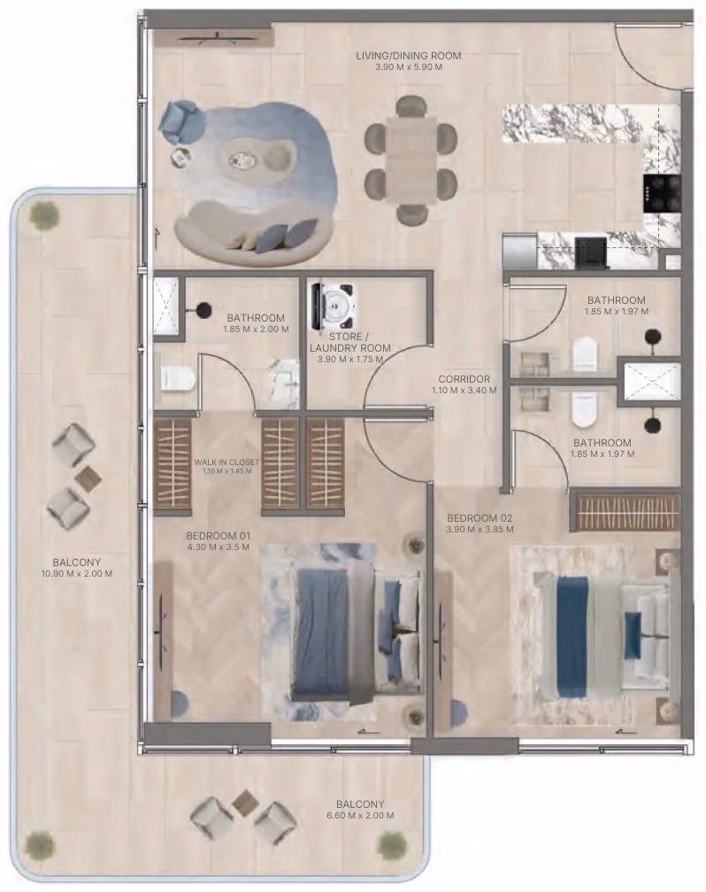 תוכנית 2 חדרי שינה · Type A2 ב־נדל"ן להשקעה Meriden Beach Residences, באזור Dubai Islands, דובאי